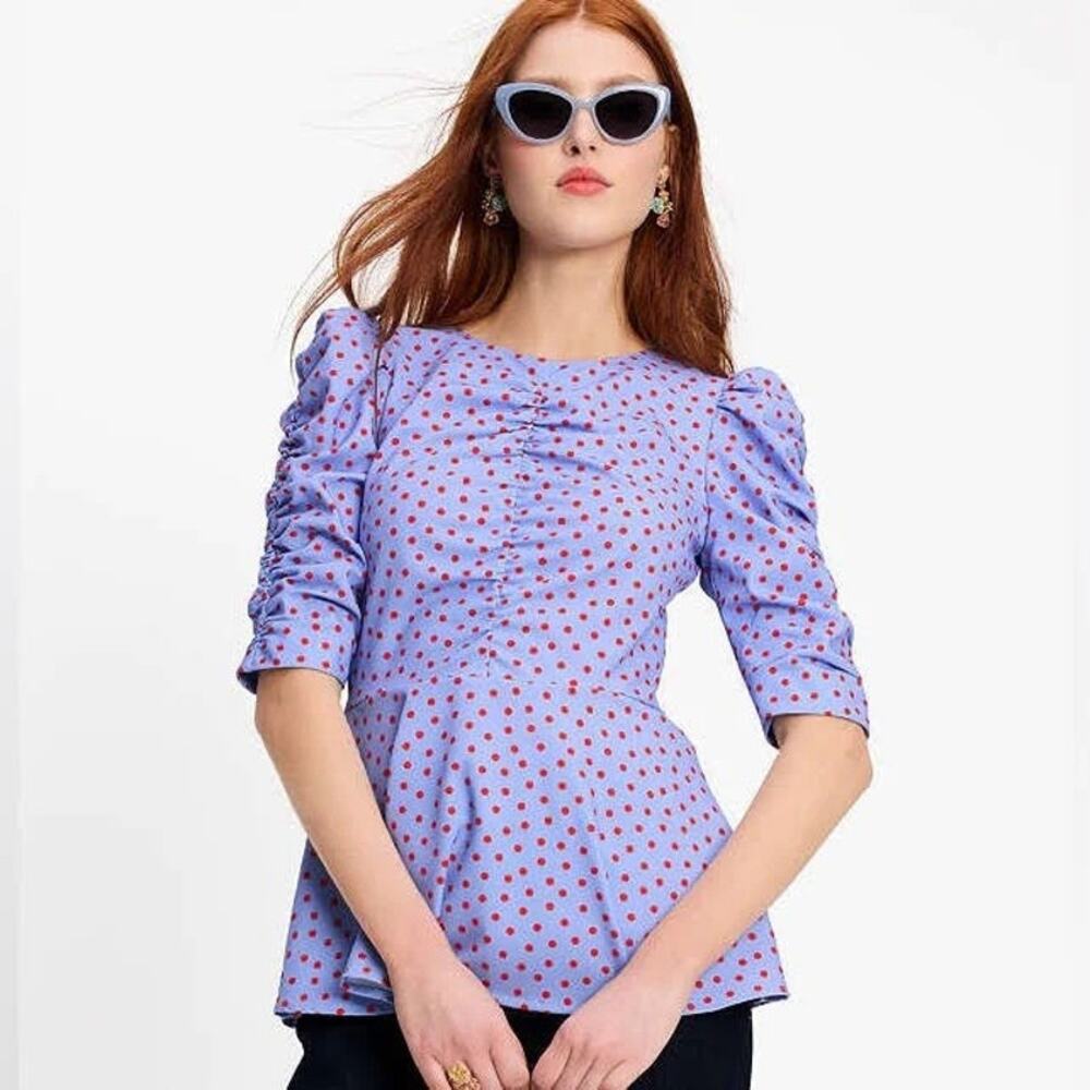 Kate Spade Spring Time Dot Ruched Peplum Top Size 6 Blue Red Polka Dot KF781